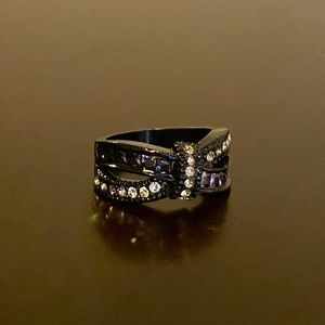 Black Titanium Steel Amethyst & CZ Ring | Gothic Statement Band | Size 6